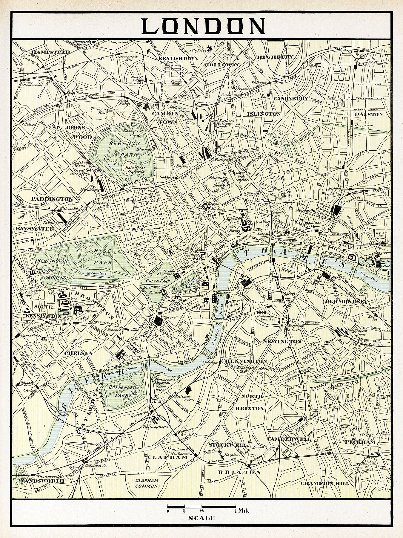 Detailed plan of London in colour, showing city districts, river, landmarks, railroads, roads and parks