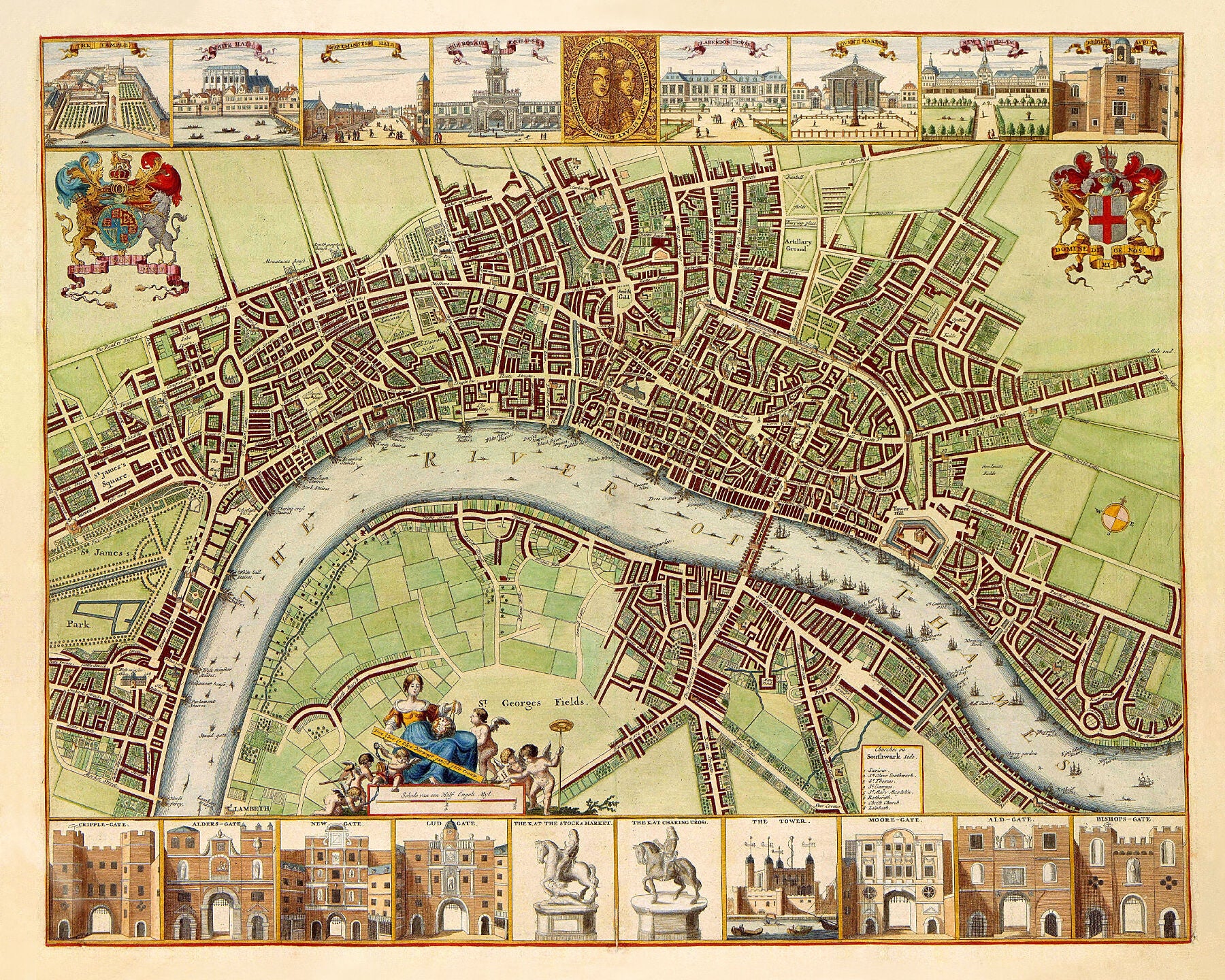 Town plan of London published around 1688.